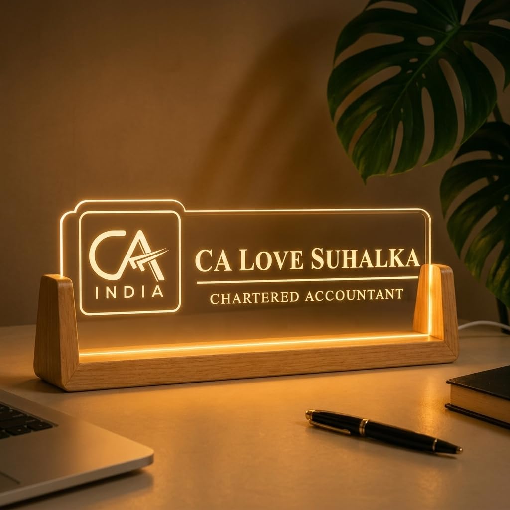 Personalized LED Acrylic Desk Name Plate with Wooden Base | Custom Office Name Sign for CA, Professionals & Business Desk | Bazinco