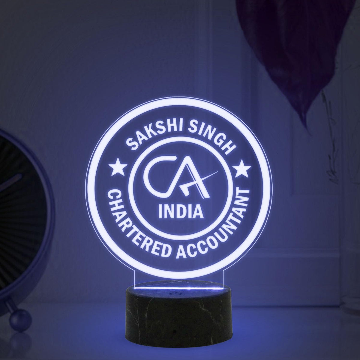 Round Personalized Acrylic LED Logo Lamp with Black Marble-Style Base – Chartered Accountant CA Design