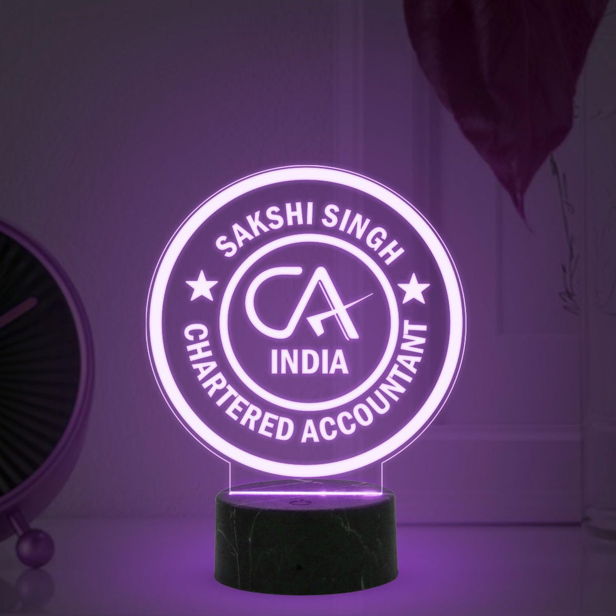 Round Personalized Acrylic LED Logo Lamp with Black Marble-Style Base – Chartered Accountant CA Design