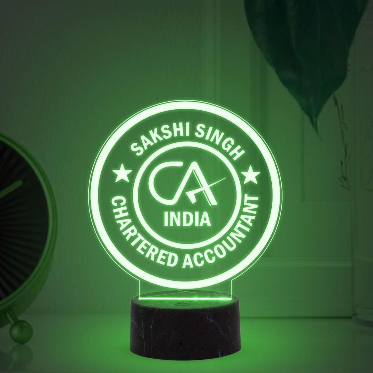 Round Personalized Acrylic LED Logo Lamp with Black Marble-Style Base – Chartered Accountant CA Design
