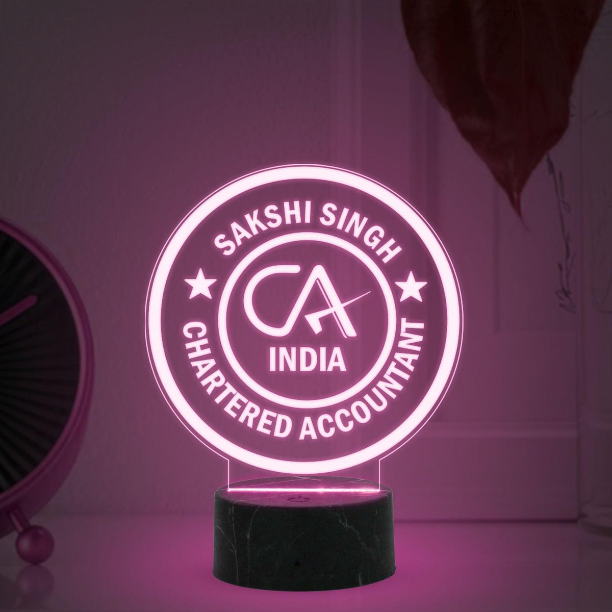 Round Personalized Acrylic LED Logo Lamp with Black Marble-Style Base – Chartered Accountant CA Design
