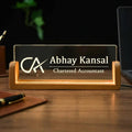 Bazinco Personalized Acrylic LED Name Plate with Wooden Base | Custom Office Desk Name Sign with Name & Designation | Professional Table Sign for Home Office & Workplace