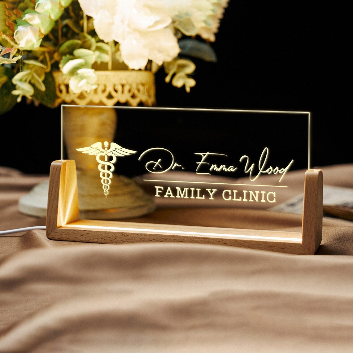 Bazinco Personalized LED Acrylic Name Sign with Wooden Base, Custom Doctor & Clinic Desk Name Plate, Illuminated Office Sign for Reception Decor