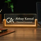Bazinco Personalized Acrylic LED Name Plate with Wooden Base | Custom Office Desk Name Sign with Name & Designation | Professional Table Sign for Home Office & Workplace