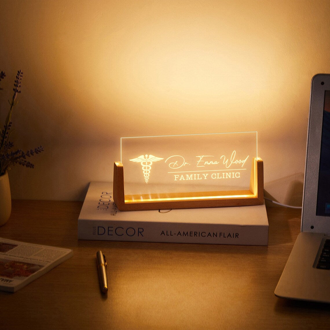 Bazinco Personalized LED Acrylic Name Sign with Wooden Base, Custom Doctor & Clinic Desk Name Plate, Illuminated Office Sign for Reception Decor