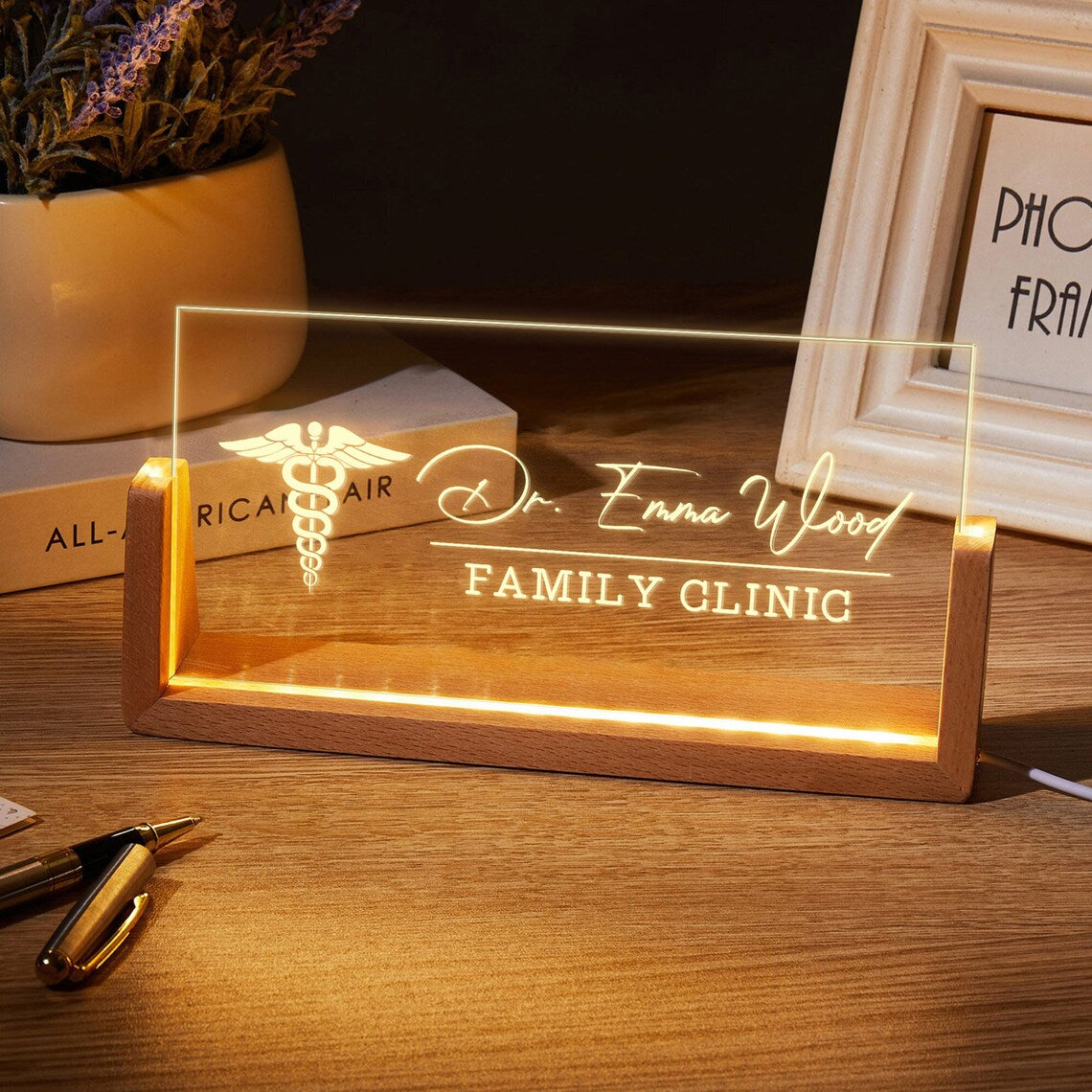 Bazinco Personalized LED Acrylic Name Sign with Wooden Base, Custom Doctor & Clinic Desk Name Plate, Illuminated Office Sign for Reception Decor