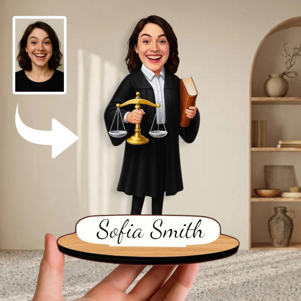 Bazinco Personalized Lady Judge Caricature Standee | Custom Judge Acrylic Desk Standee with Name | Personalized Gift for Female Judge, Lawyer & Advocate