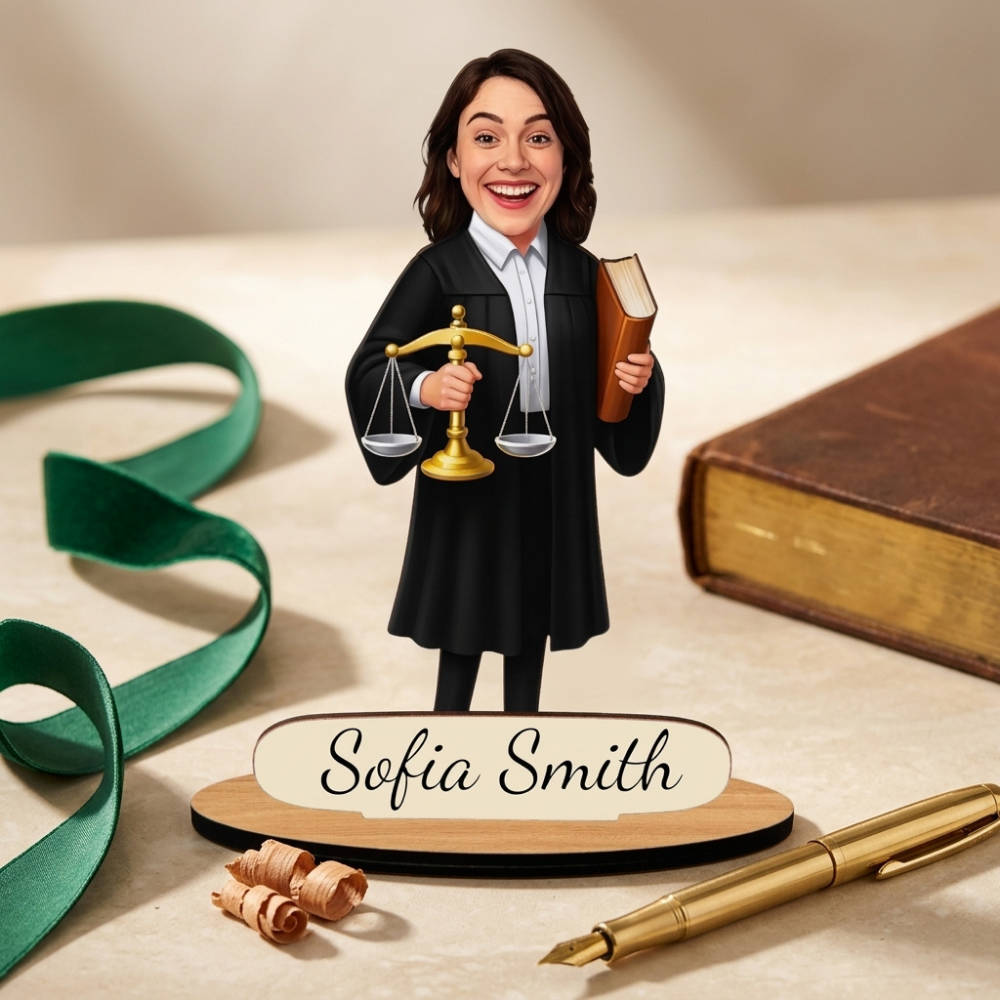 Bazinco Personalized Lady Judge Caricature Standee | Custom Judge Acrylic Desk Standee with Name | Personalized Gift for Female Judge, Lawyer & Advocate