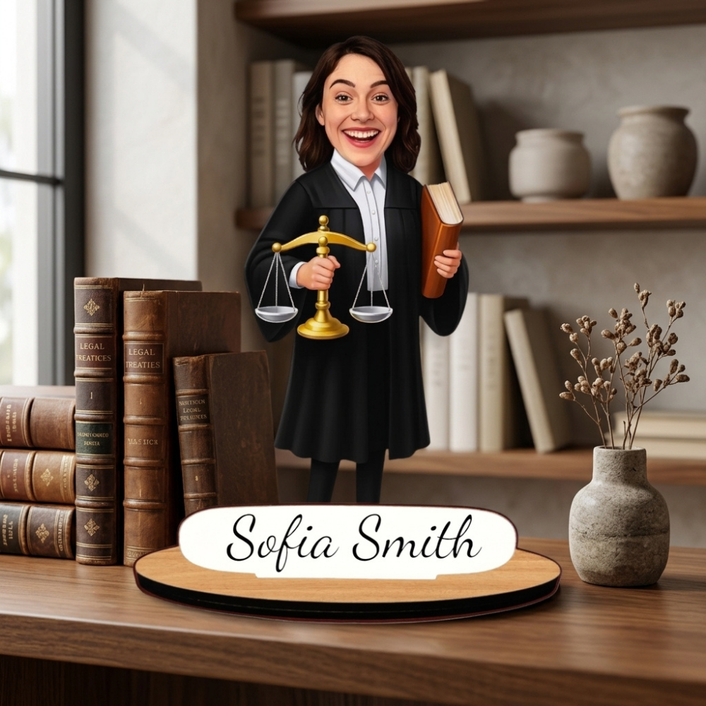 Bazinco Personalized Lady Judge Caricature Standee | Custom Judge Acrylic Desk Standee with Name | Personalized Gift for Female Judge, Lawyer & Advocate