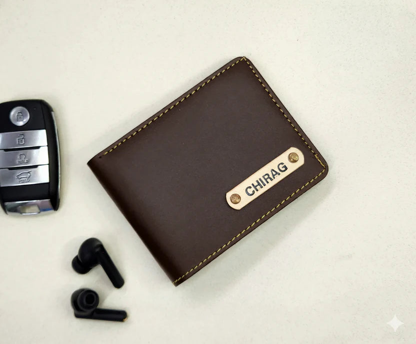 Bazinco Personalized Brown Bifold Wallet – Custom Name Plate Men’s Leather Wallet