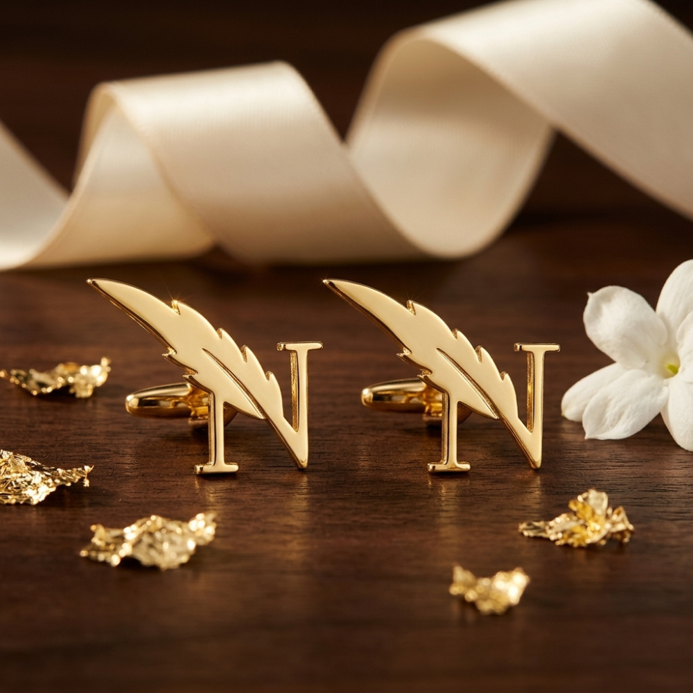 Bazinco Luxury Initial Cufflinks – Gold Feather Alphabet Cufflinks for Men Wedding & Business Wear