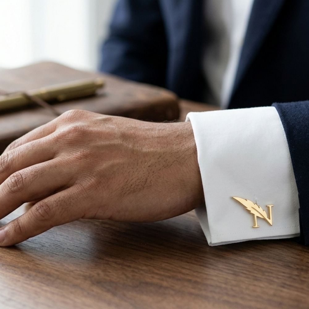 Bazinco Luxury Initial Cufflinks – Gold Feather Alphabet Cufflinks for Men Wedding & Business Wear