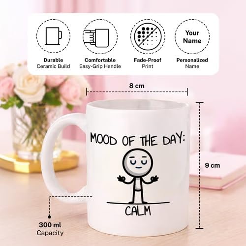 Bazinco Personalized Ceramic Coffee Mug – Mood of the Day Calm Minimalist Doodle with Custom Name