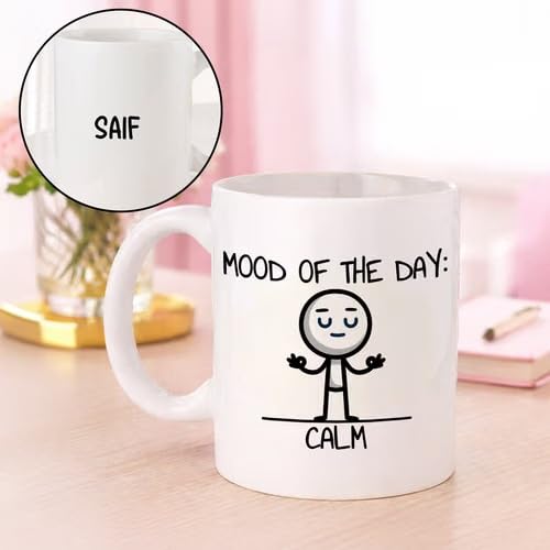Bazinco Personalized Ceramic Coffee Mug – Mood of the Day Calm Minimalist Doodle with Custom Name