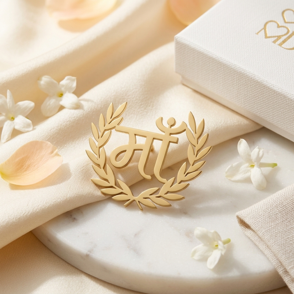Bazinco “Maa” Brooch with Laurel Design – Premium Hindi Mother Pin for Saree & Blazer