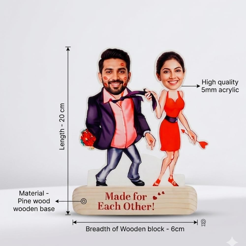 Bazinco Custom Couple Caricature Stand | Personalized Made For Each Other Acrylic Plaque | Unique Romantic Gift for Anniversary, Valentine's Day & Weddings