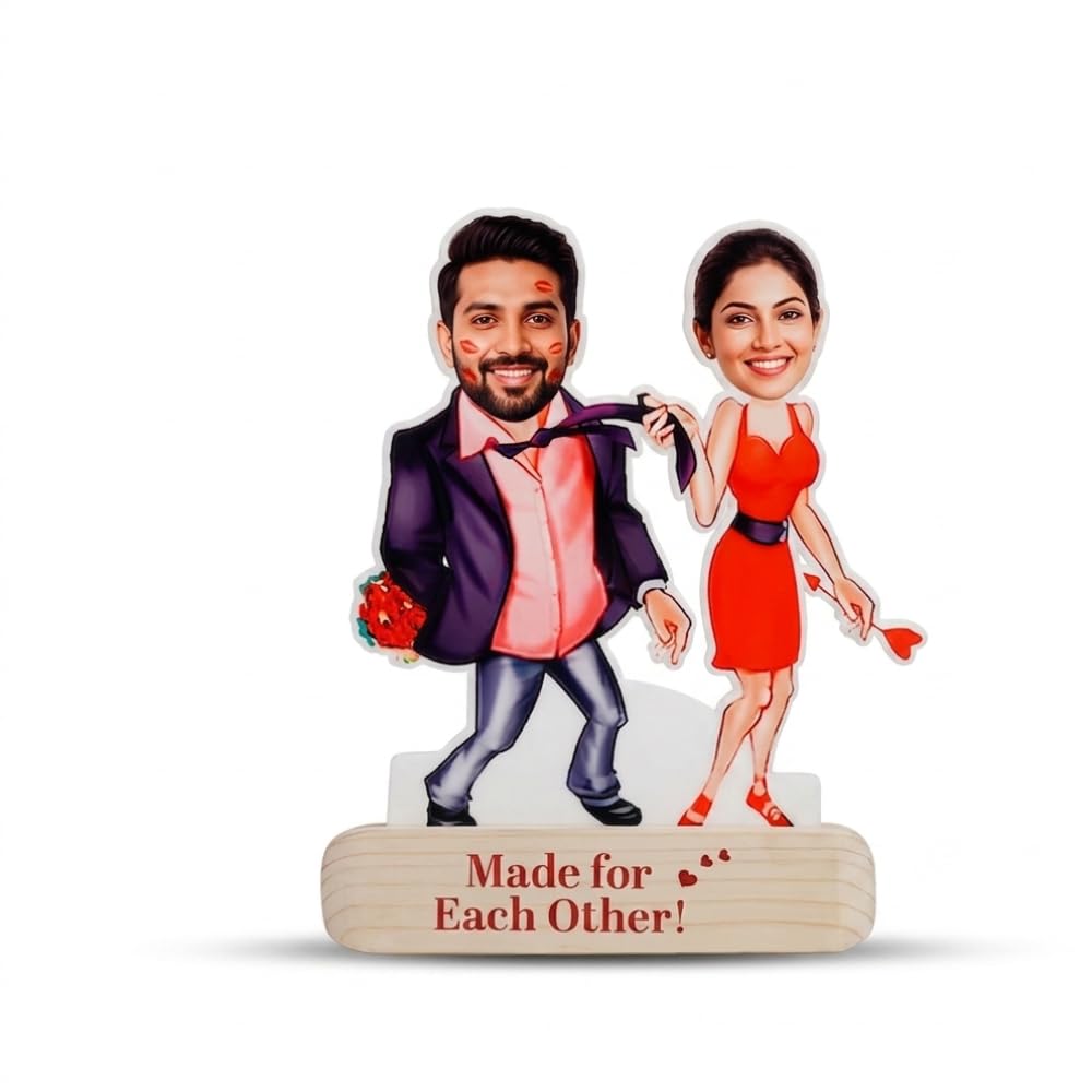 Bazinco Custom Couple Caricature Stand | Personalized Made For Each Other Acrylic Plaque | Unique Romantic Gift for Anniversary, Valentine's Day & Weddings