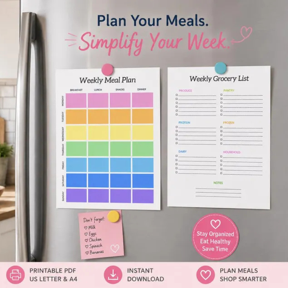 Bazinco Weekly Meal Planner & Grocery List Magnetic Fridge Board Set | Reusable Dry Erase Meal Planning Board | Kitchen Menu Organizer for Refrigerator
