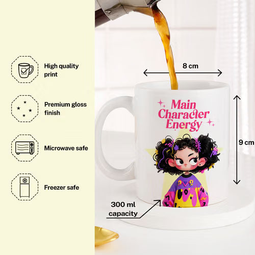 Personalized Main Character Energy Mug with Name | Cute Cartoon Girl Ceramic Coffee Mug | Custom Name Tea Cup | Gift for Girls, Kids & Best Friend | Bazinco