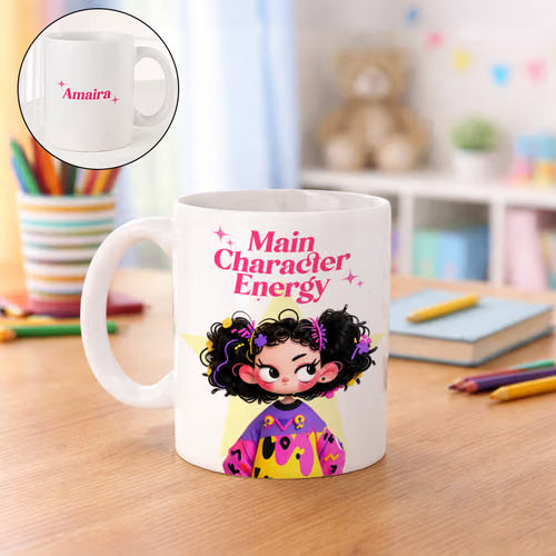 Personalized Main Character Energy Mug with Name | Cute Cartoon Girl Ceramic Coffee Mug | Custom Name Tea Cup | Gift for Girls, Kids & Best Friend | Bazinco