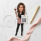 Bazinco Personalized Makeup Artist QR Review Stand | Custom Acrylic Beauty Salon Caricature with Scan to Review QR Code | Salon Desk Display & Beauty Business Gift
