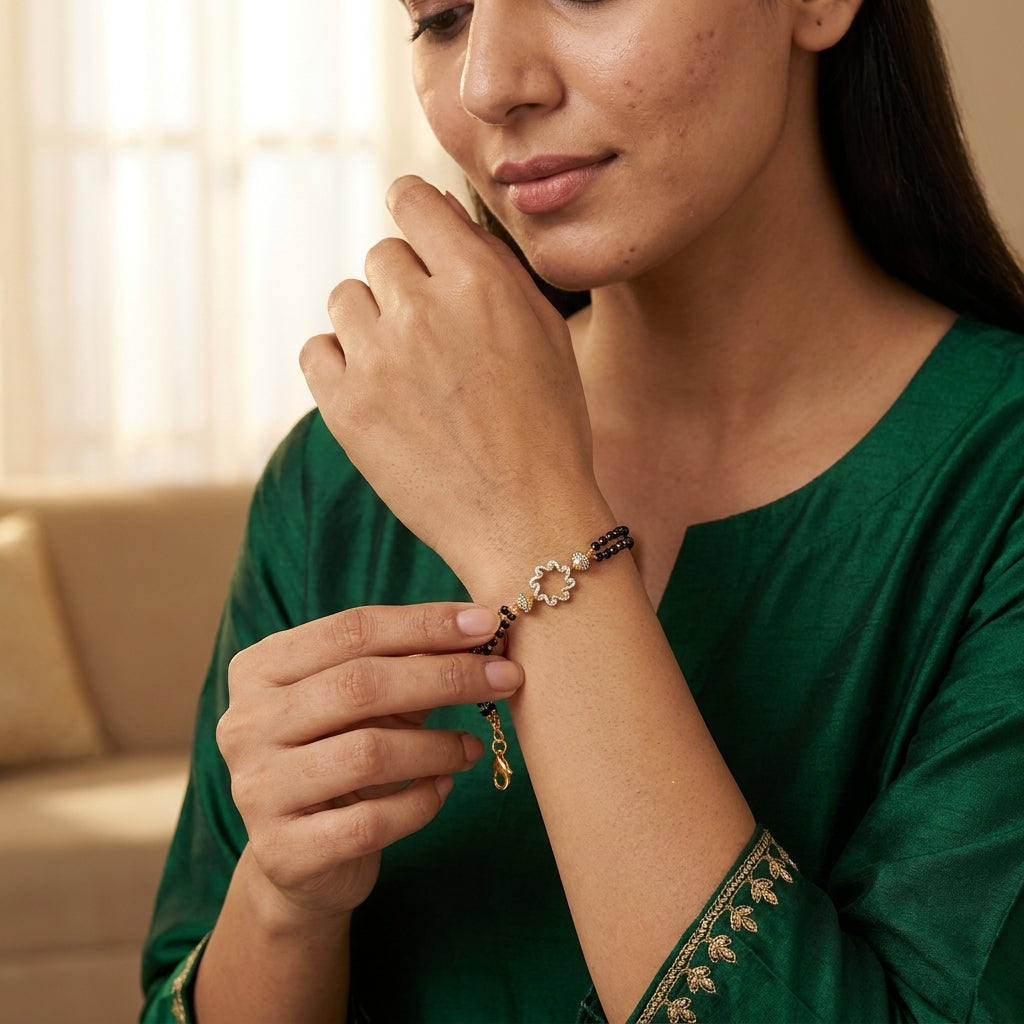 Bazinco Dual Layer Black Beads Box Chain Gold Finish Hand Mangalsutra Bracelet for Women | Designer Copper Bracelet