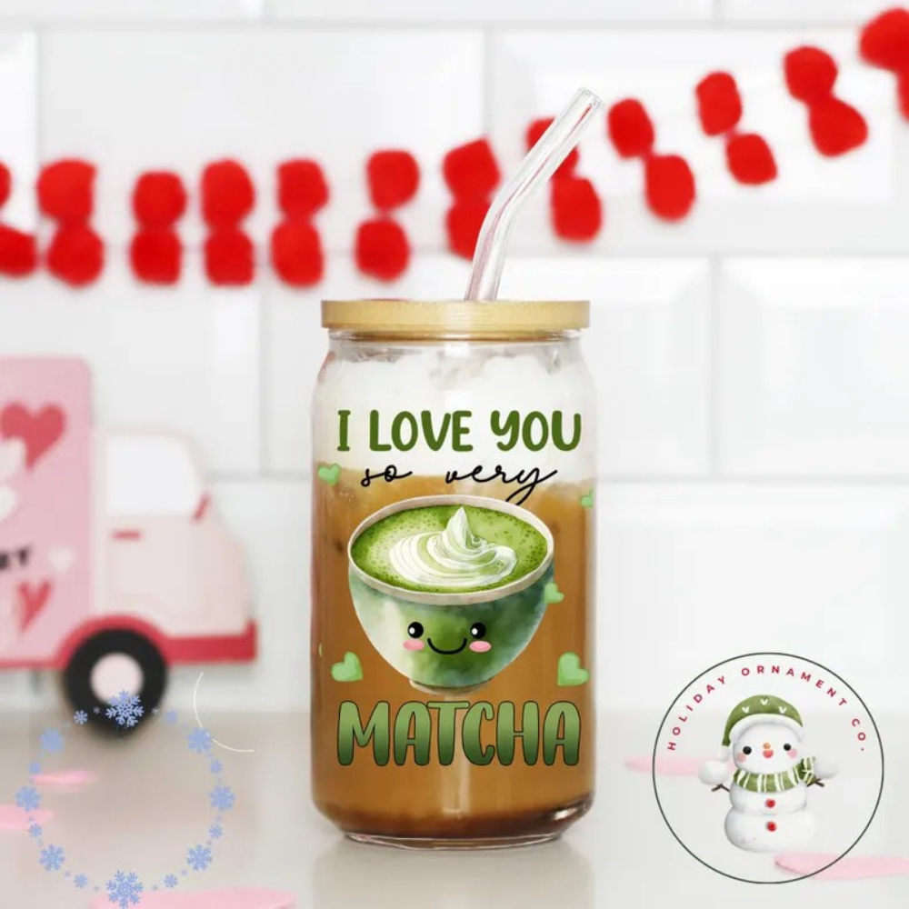 Bazinco I Love You So Very Matcha Glass Can Cup | Cute Matcha Lover Glass Tumbler with Bamboo Lid & Glass Straw | Aesthetic Matcha Gift for Women & Tea Lovers