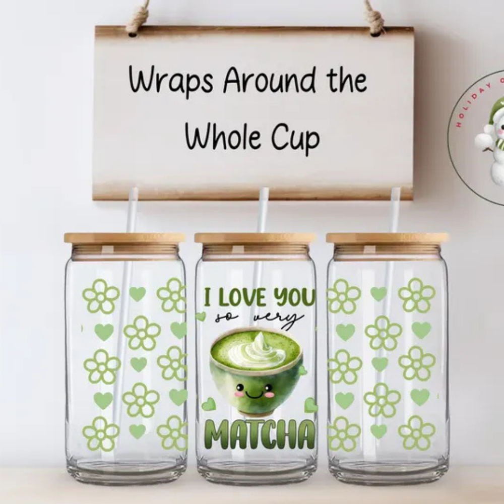 Bazinco I Love You So Very Matcha Glass Can Cup | Cute Matcha Lover Glass Tumbler with Bamboo Lid & Glass Straw | Aesthetic Matcha Gift for Women & Tea Lovers