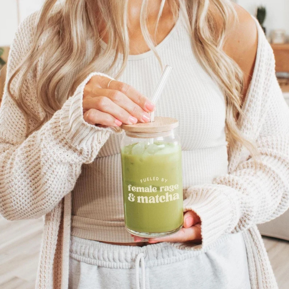 Bazinco I Love You So Very Matcha Glass Can Cup | Cute Matcha Lover Glass Tumbler with Bamboo Lid & Glass Straw | Aesthetic Matcha Gift for Women & Tea Lovers