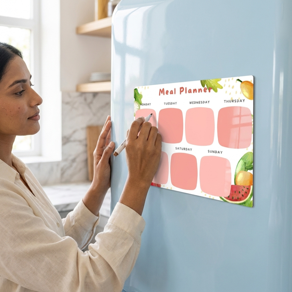 Bazinco Weekly Meal Planner Fridge Magnet A4 | Reusable Magnetic Meal Planning Board with Watercolor Fruit Design | Dry Erase Refrigerator Menu Organizer for Kitchen & Family Meal Planning