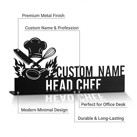 Bazinco Head Chef Name Plate – Personalized Kitchen Name Plate with Chef Hat & Flame Design