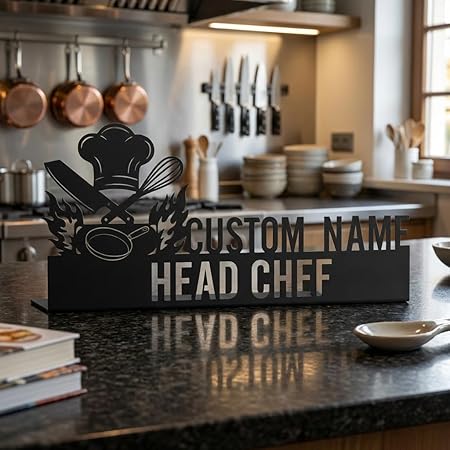 Bazinco Head Chef Name Plate – Personalized Kitchen Name Plate with Chef Hat & Flame Design