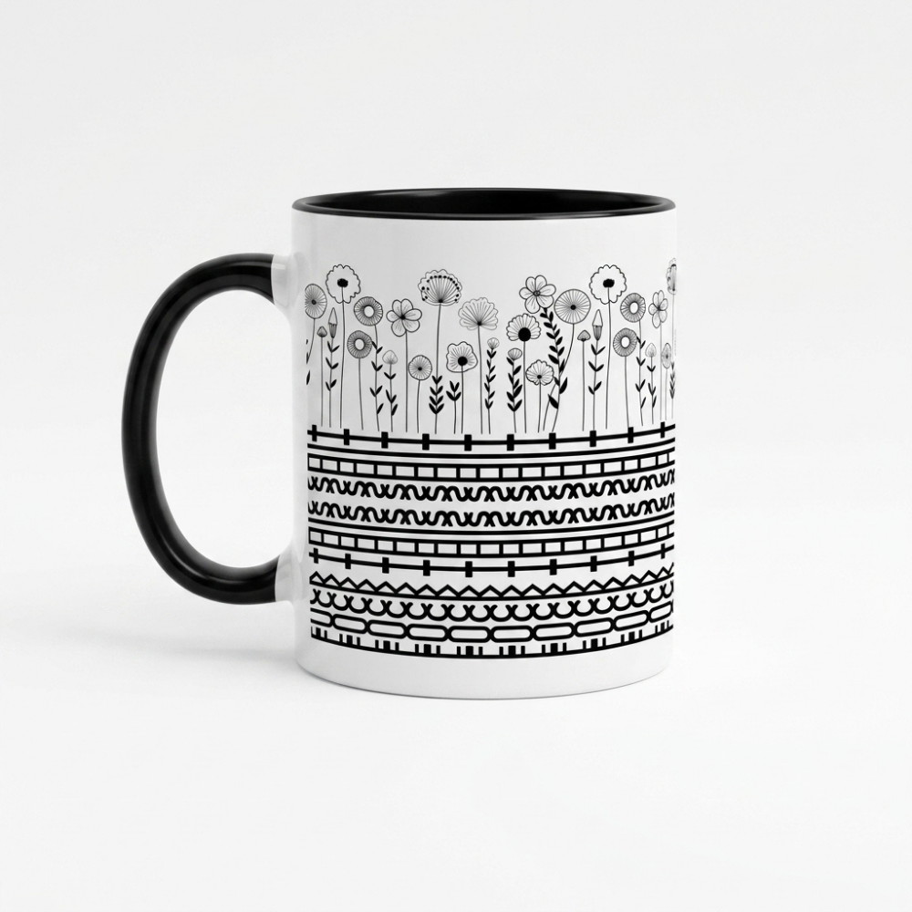 Bazinco Minimalist Wildflower Line Art Ceramic Coffee Mug | Elegant Botanical Floral Printed Mug | Premium Ceramic Tea Cup | Modern Aesthetic Gift for Home & Office | 325 ml
