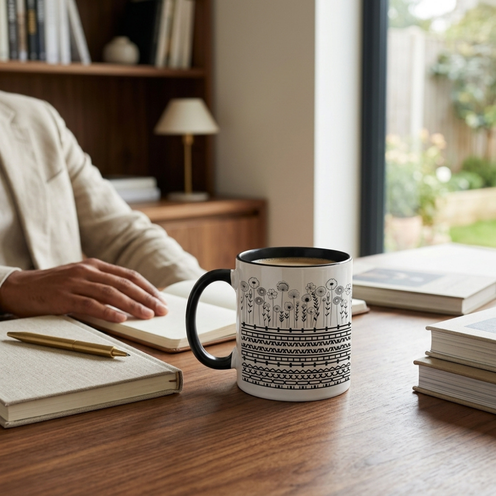 Bazinco Minimalist Wildflower Line Art Ceramic Coffee Mug | Elegant Botanical Floral Printed Mug | Premium Ceramic Tea Cup | Modern Aesthetic Gift for Home & Office | 325 ml