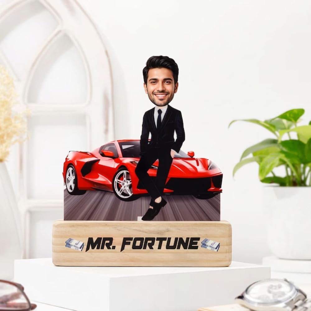 Bazinco Mr. Fortune Personalized Caricature for Boss | Custom Boss Standee with Luxury Car & Wooden Base | Unique Corporate Gift for Boss