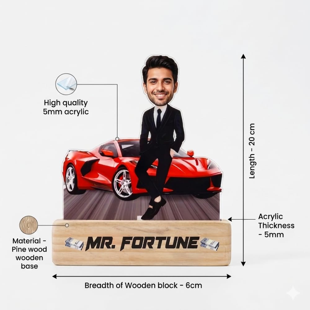 Bazinco Mr. Fortune Personalized Caricature for Boss | Custom Boss Standee with Luxury Car & Wooden Base | Unique Corporate Gift for Boss