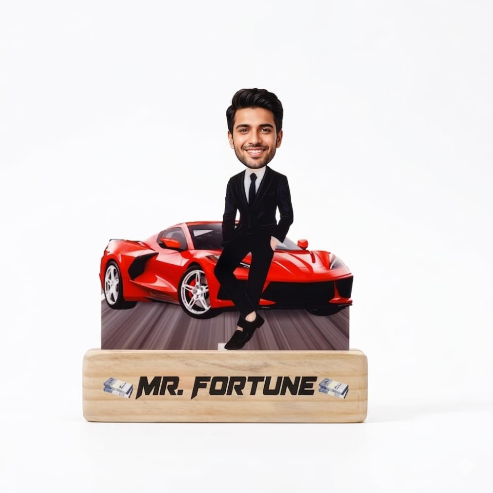 Bazinco Mr. Fortune Personalized Caricature for Boss | Custom Boss Standee with Luxury Car & Wooden Base | Unique Corporate Gift for Boss