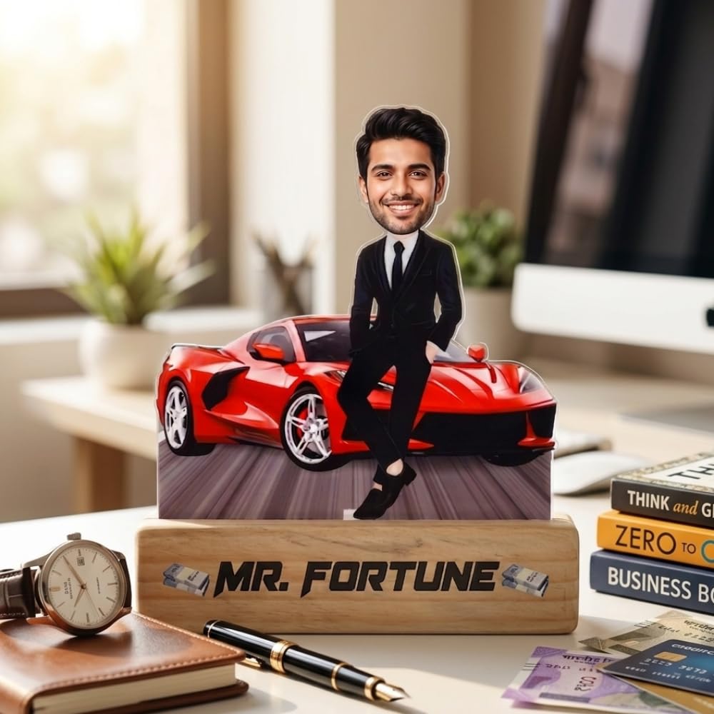 Bazinco Mr. Fortune Personalized Caricature for Boss | Custom Boss Standee with Luxury Car & Wooden Base | Unique Corporate Gift for Boss