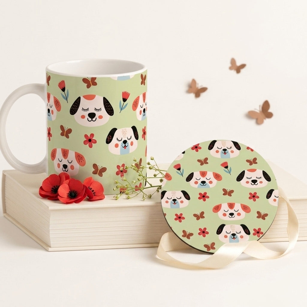 Bazinco Matching Pattern Full Wrap Cute Dog White 11 Oz Ceramic Mug and Coaster Gift Combo