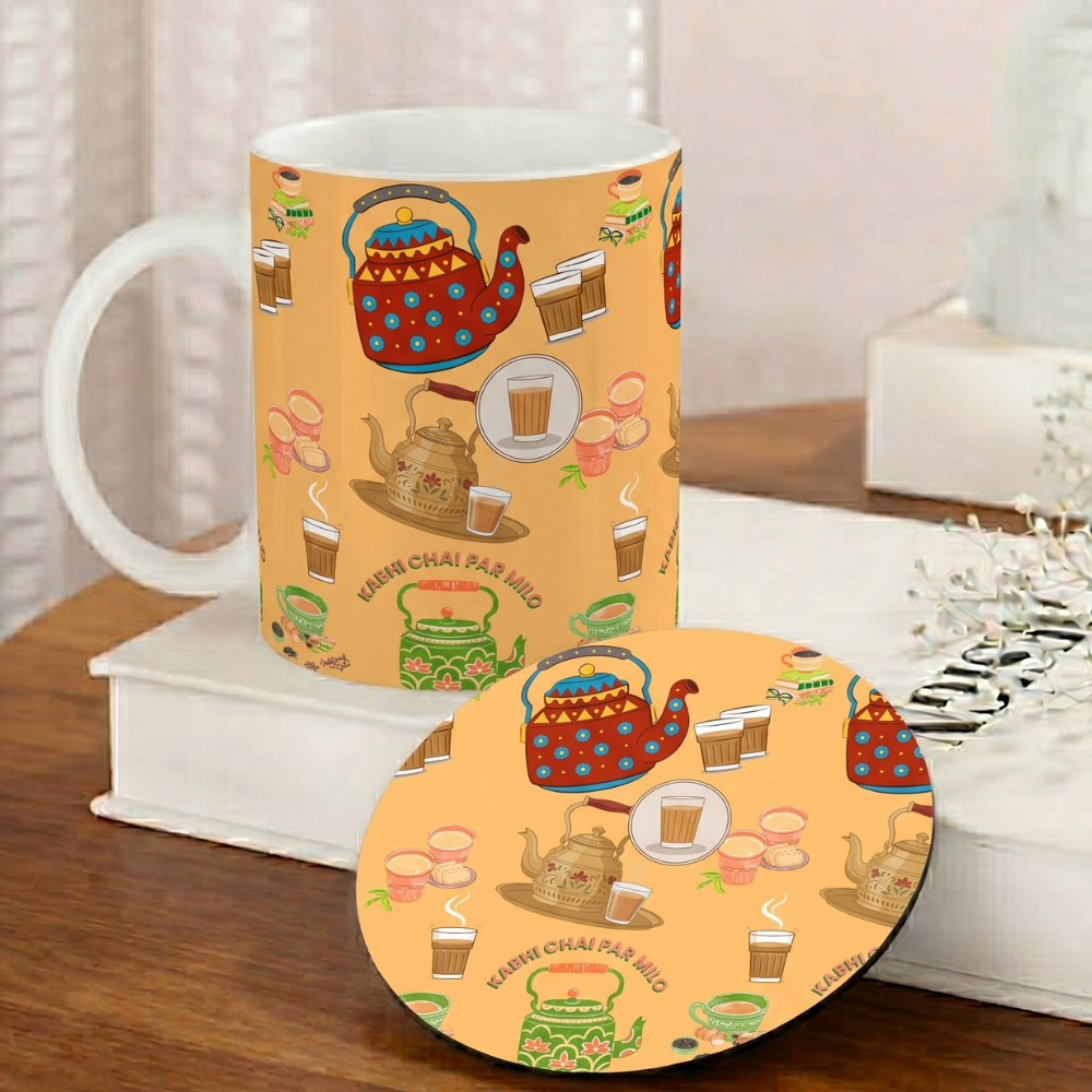 Bazinco Teapots & Chai Glasses White 11 Oz Ceramic Mug and Coaster Gift Combo