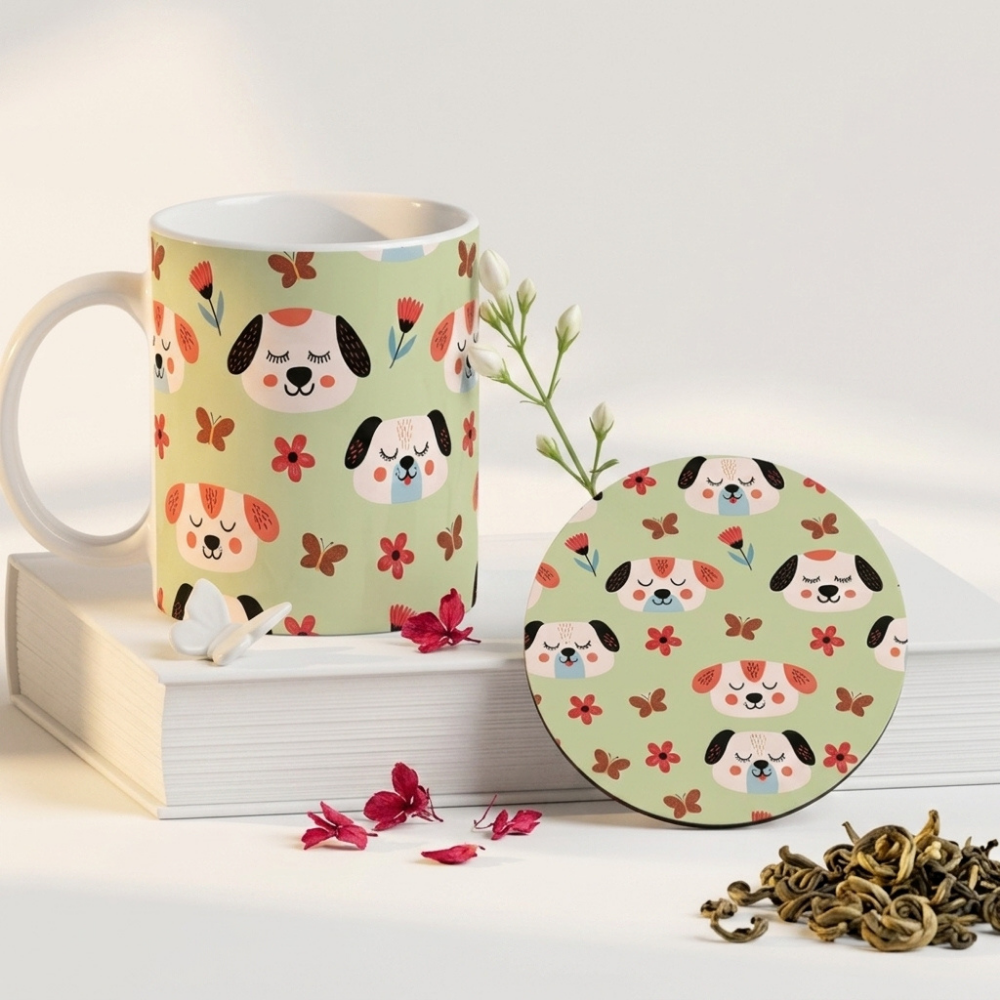 Bazinco Matching Pattern Full Wrap Cute Dog White 11 Oz Ceramic Mug and Coaster Gift Combo