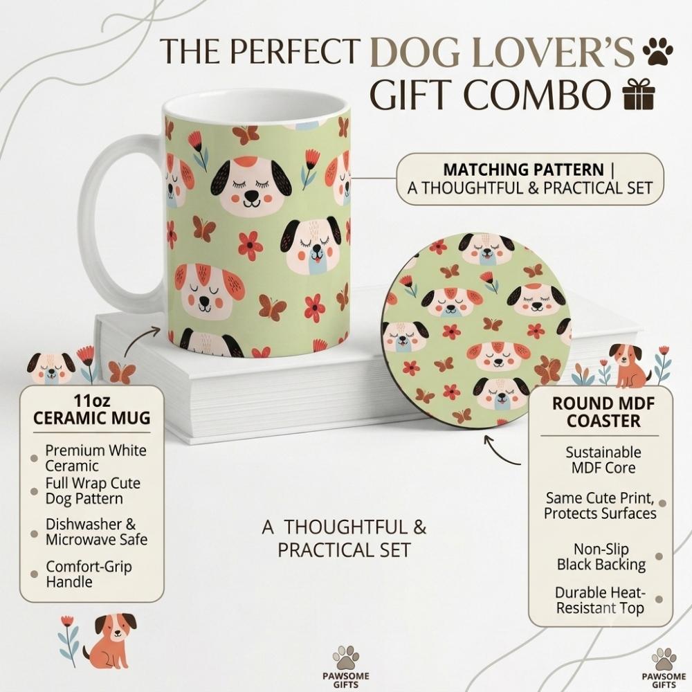 Bazinco Matching Pattern Full Wrap Cute Dog White 11 Oz Ceramic Mug and Coaster Gift Combo
