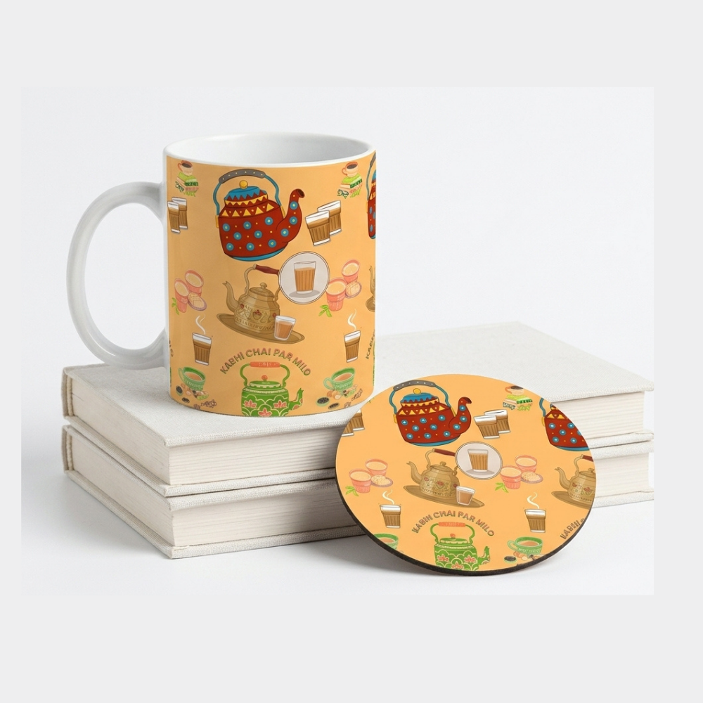 Bazinco Teapots & Chai Glasses White 11 Oz Ceramic Mug and Coaster Gift Combo