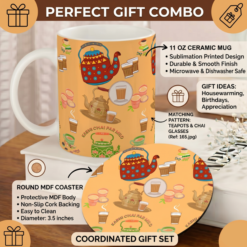 Bazinco Teapots & Chai Glasses White 11 Oz Ceramic Mug and Coaster Gift Combo