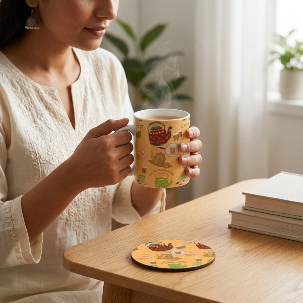 Bazinco Teapots & Chai Glasses White 11 Oz Ceramic Mug and Coaster Gift Combo