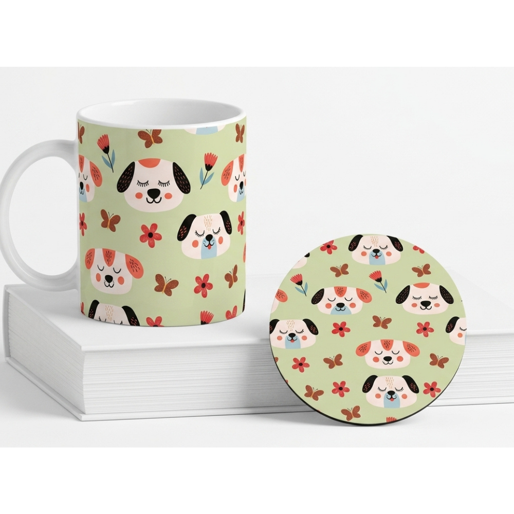Bazinco Matching Pattern Full Wrap Cute Dog White 11 Oz Ceramic Mug and Coaster Gift Combo