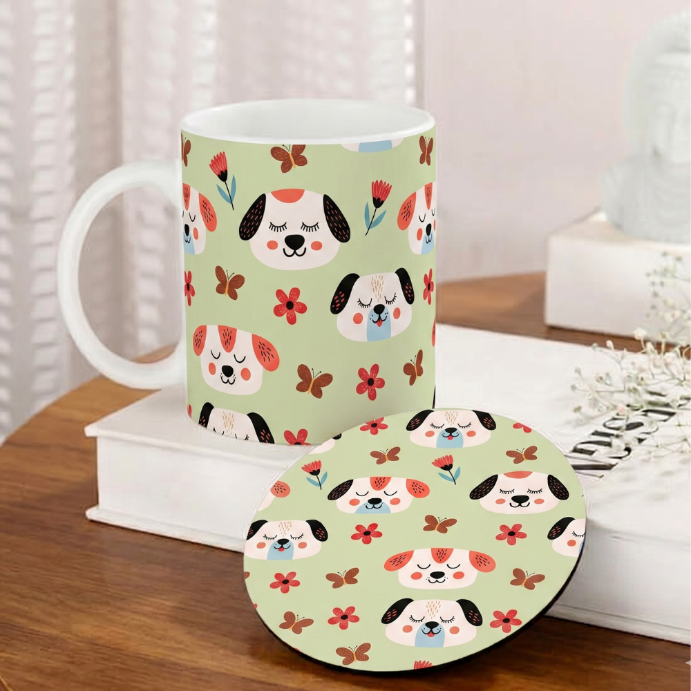 Bazinco Matching Pattern Full Wrap Cute Dog White 11 Oz Ceramic Mug and Coaster Gift Combo