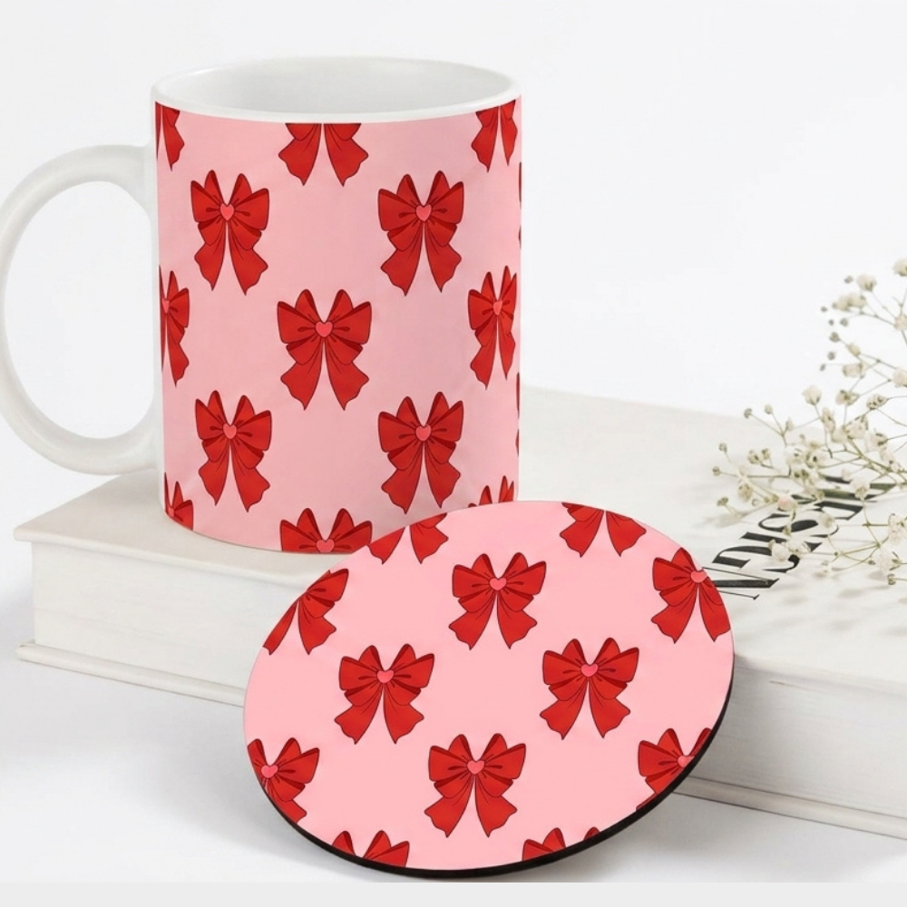 Bazinco Coordinated Design Red Bow 11 Oz Ceramic Mug and Heat Resistant Coaster Set