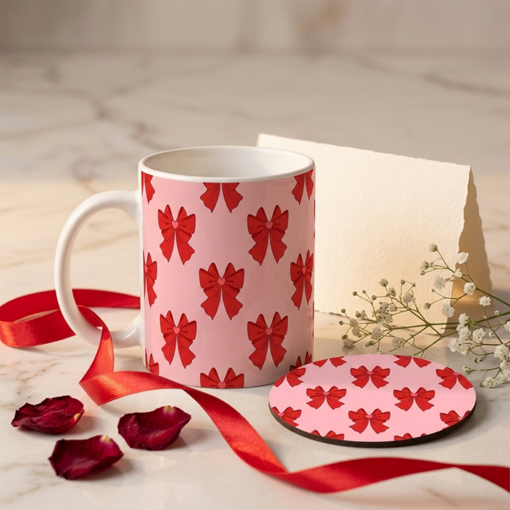 Bazinco Coordinated Design Red Bow 11 Oz Ceramic Mug and Heat Resistant Coaster Set