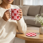 Bazinco Coordinated Design Red Bow 11 Oz Ceramic Mug and Heat Resistant Coaster Set